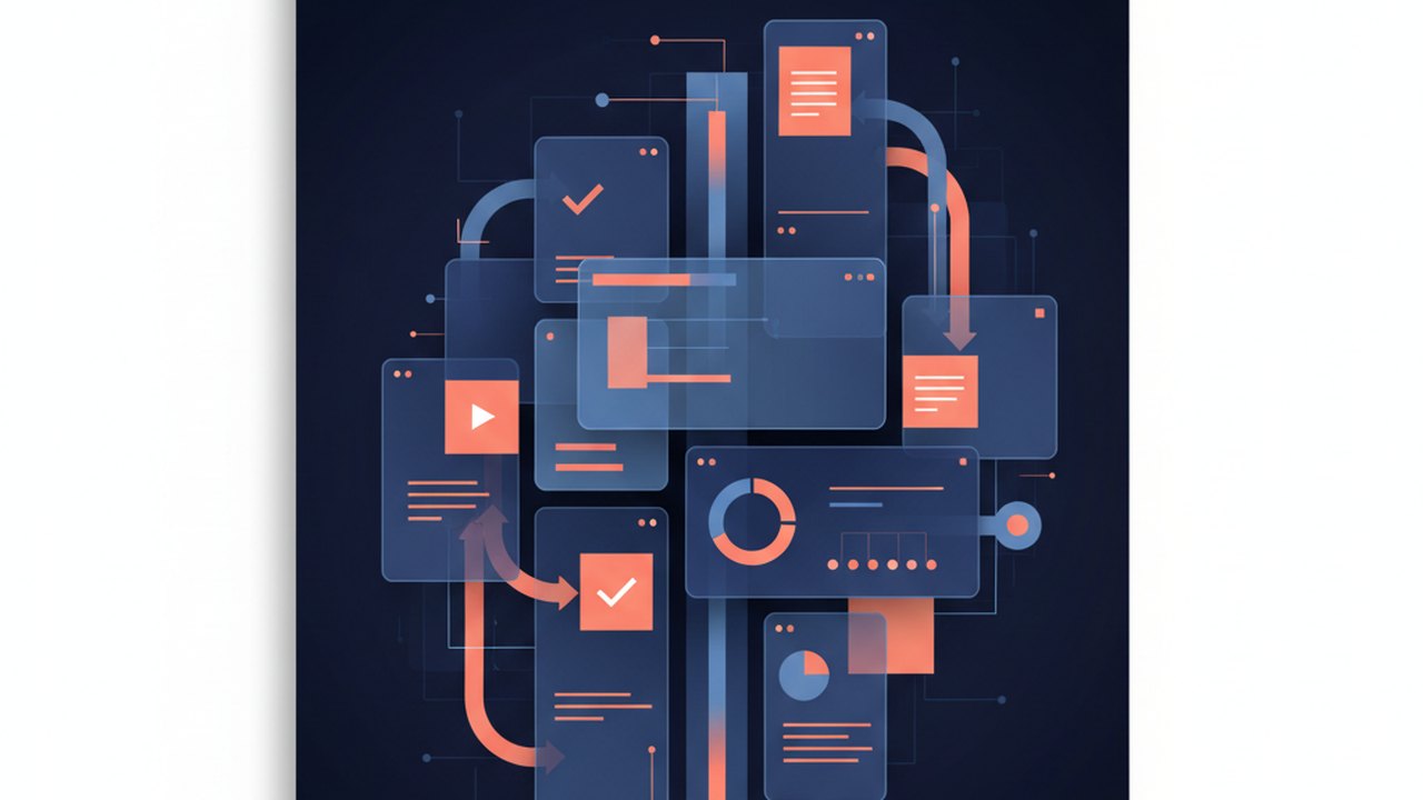 Abstract deep navy and coral cover illustration for the Volunteer Coordination Tool project (2023), showing layered UI panels connected by data-flow arrows.
