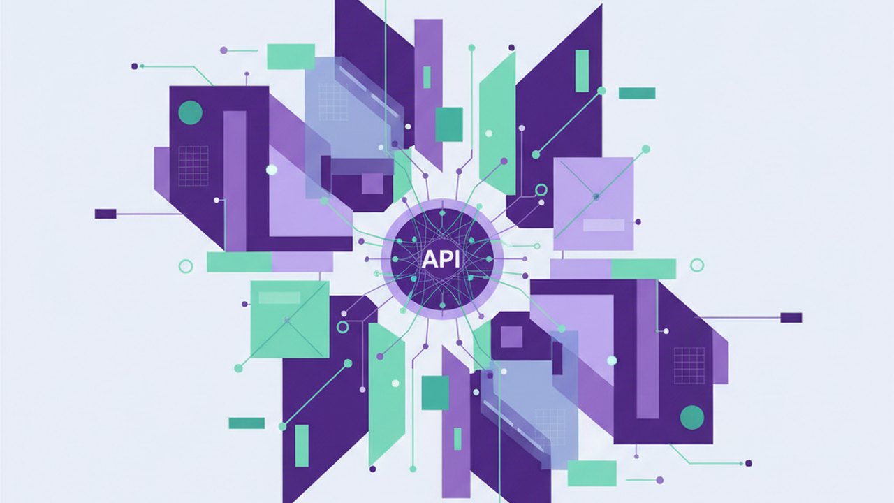 Abstract royal purple and mint cover illustration for the Airline Booking Console project (2023), showing angular geometric panels arranged around a central api hub.