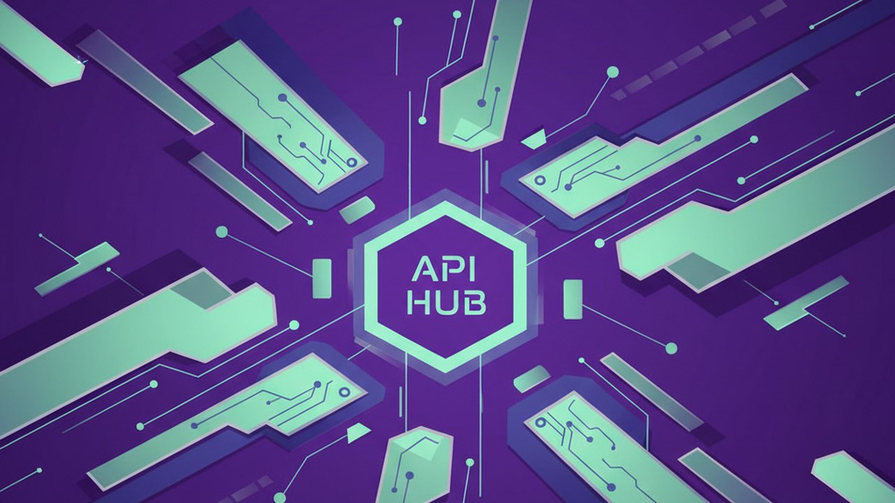 Abstract royal purple and mint cover illustration for the Airline Booking Console project (2023), showing angular geometric panels arranged around a central api hub.