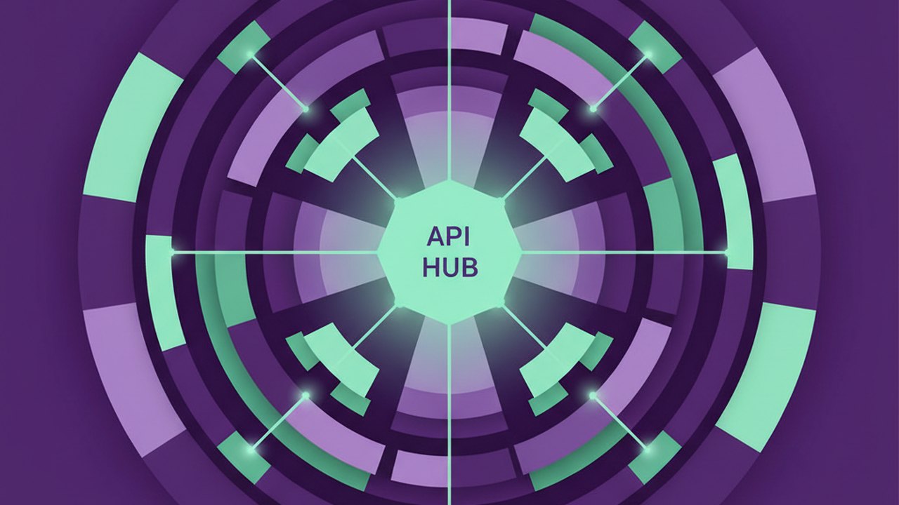 Abstract royal purple and mint cover illustration for the Bank Statement Portal project (2021), showing angular geometric panels arranged around a central api hub.