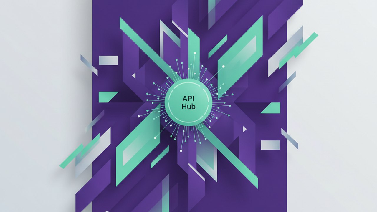 Abstract royal purple and mint cover illustration for the Bank Statement Portal project (2021), showing angular geometric panels arranged around a central api hub.
