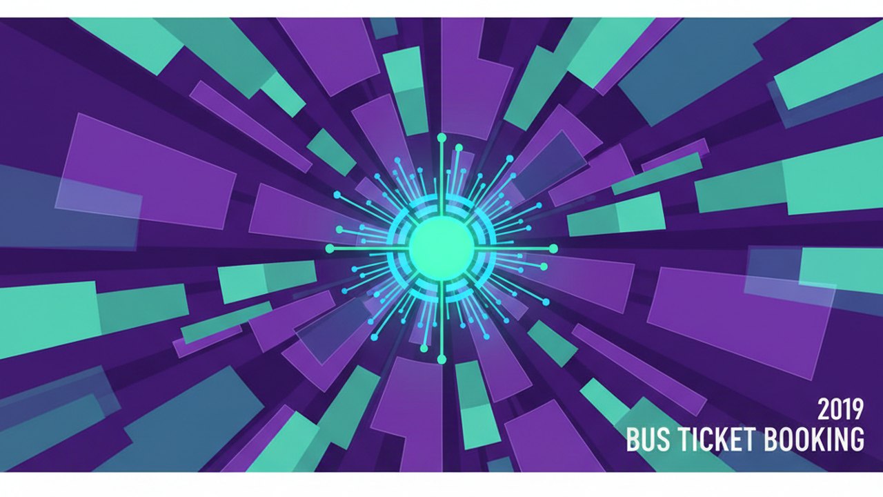 Abstract royal purple and mint cover illustration for the Bus Ticket Booking project (2019), showing angular geometric panels arranged around a central api hub.
