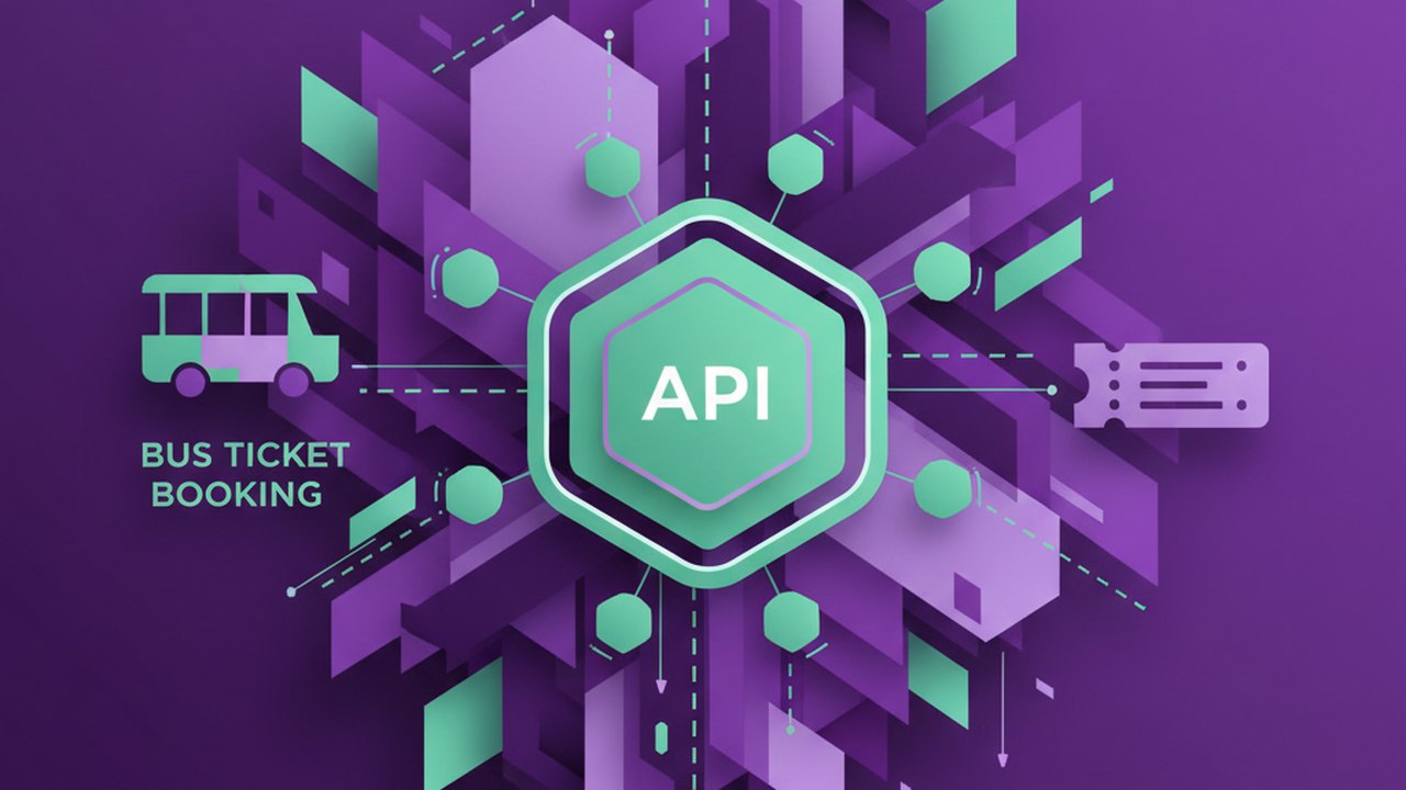 Abstract royal purple and mint cover illustration for the Bus Ticket Booking project (2019), showing angular geometric panels arranged around a central api hub.
