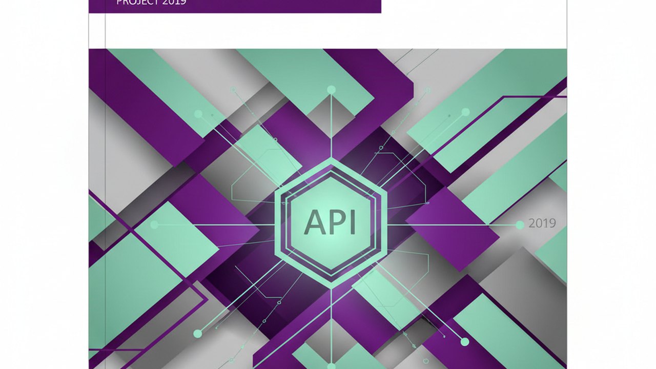 Abstract royal purple and mint cover illustration for the Corporate Expense Portal project (2019), showing angular geometric panels arranged around a central api hub.