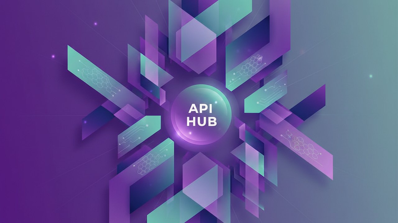 Abstract royal purple and mint cover illustration for the Corporate Expense Portal project (2019), showing angular geometric panels arranged around a central api hub.