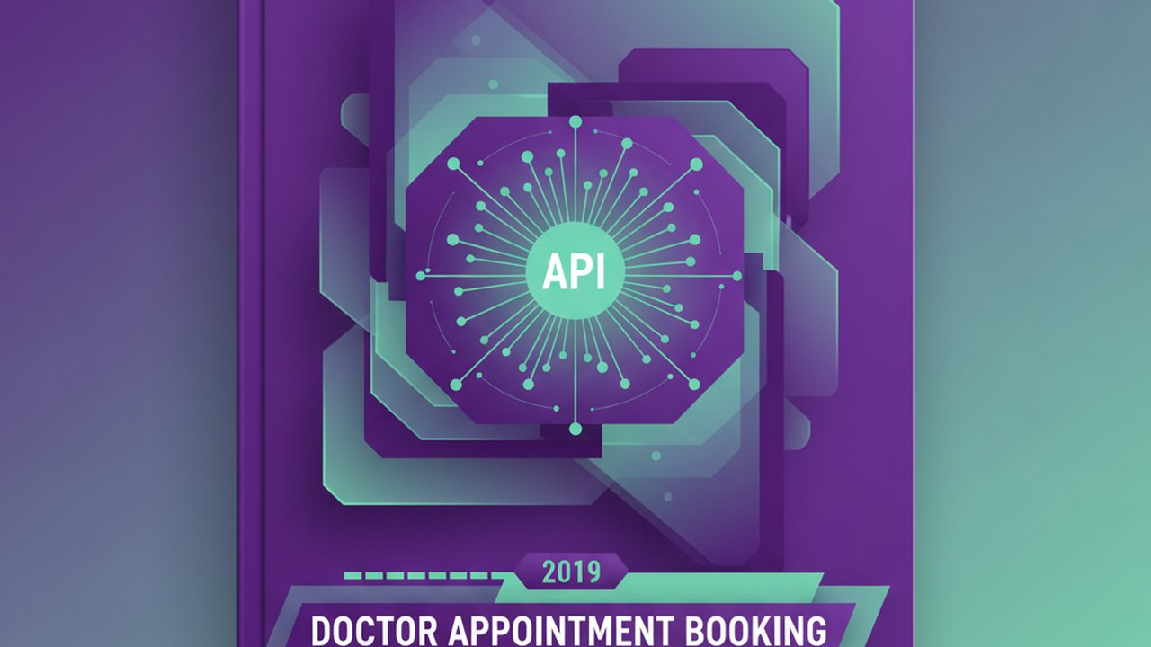 Abstract royal purple and mint cover illustration for the Doctor Appointment Booking project (2019), showing angular geometric panels arranged around a central api hub.