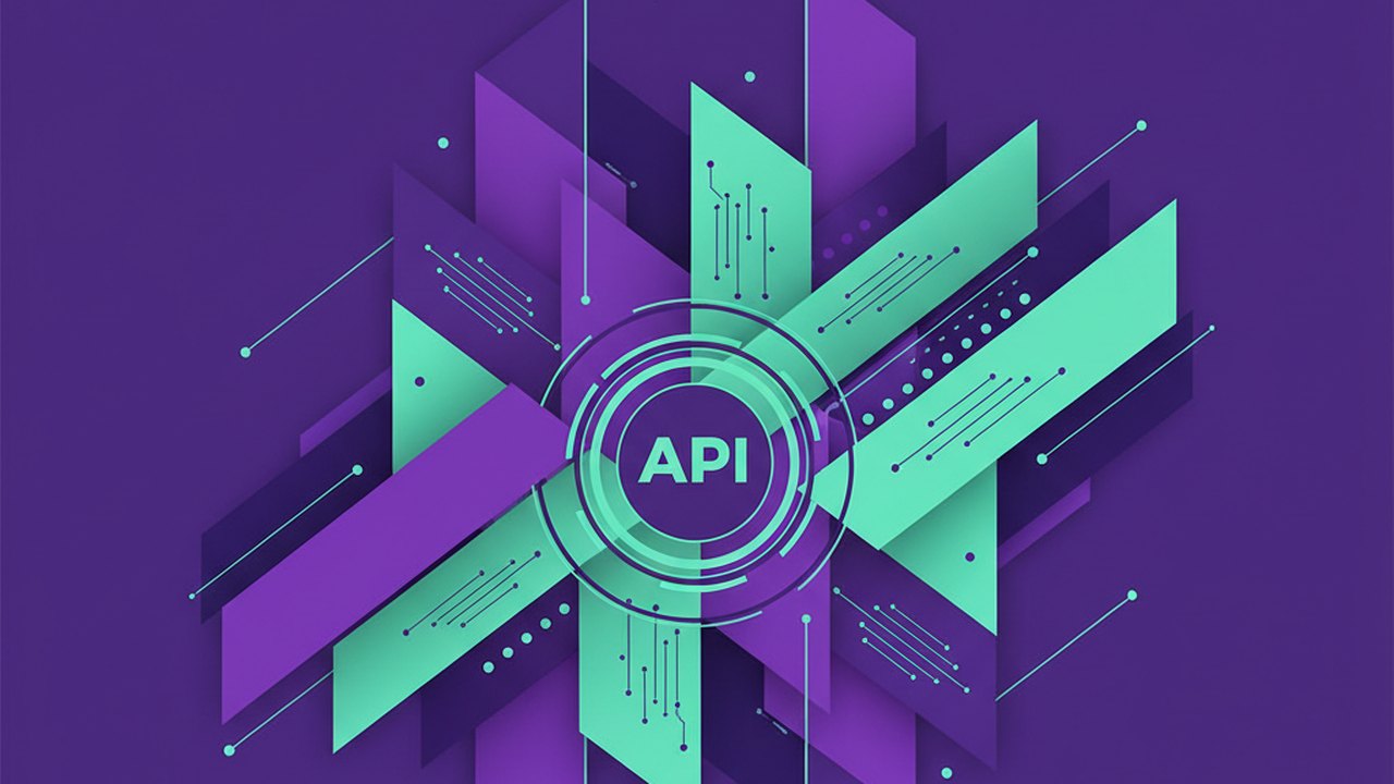 Abstract royal purple and mint cover illustration for the Doctor Appointment Booking project (2019), showing angular geometric panels arranged around a central api hub.