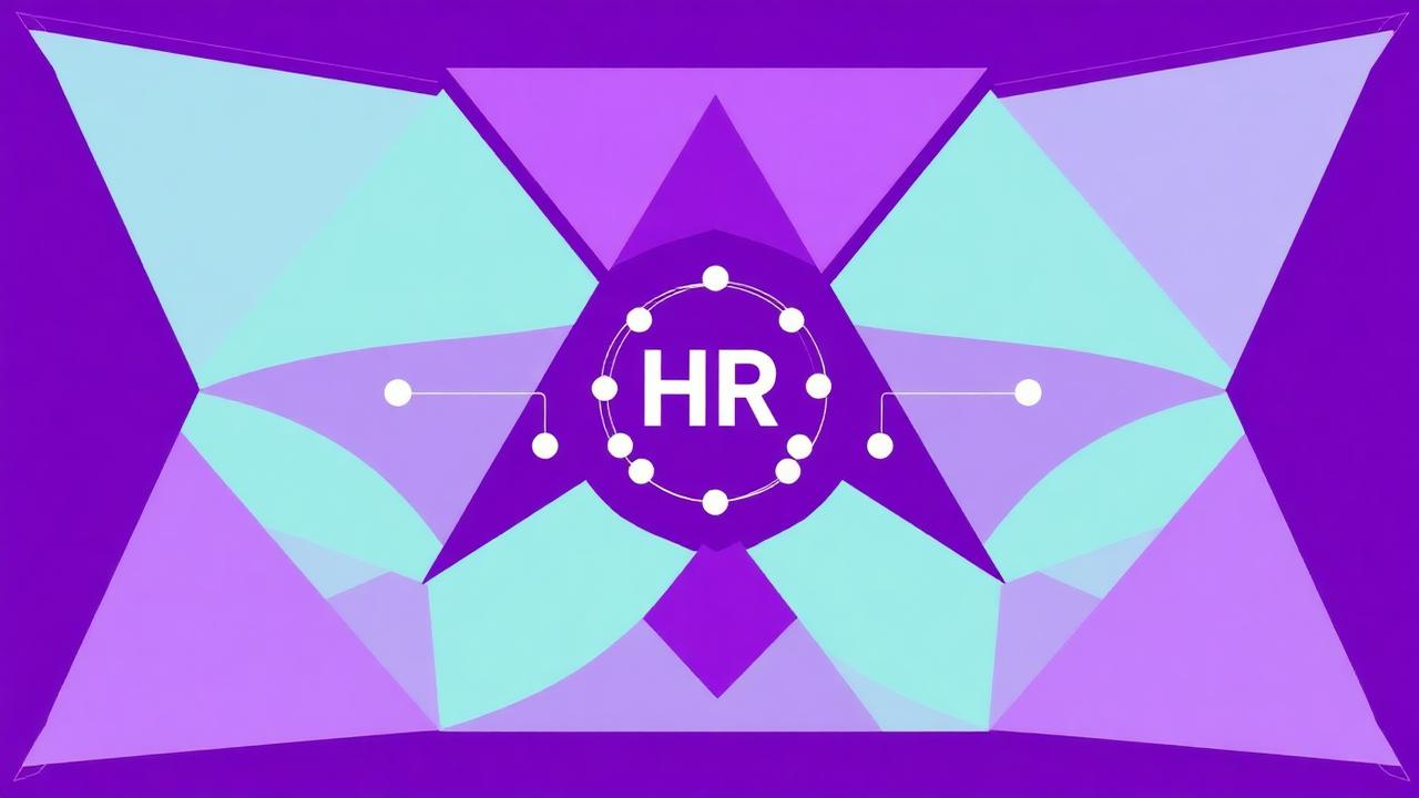 Abstract royal purple and mint cover illustration for the Enterprise HR Portal project (2021), showing angular geometric panels arranged around a central api hub.
