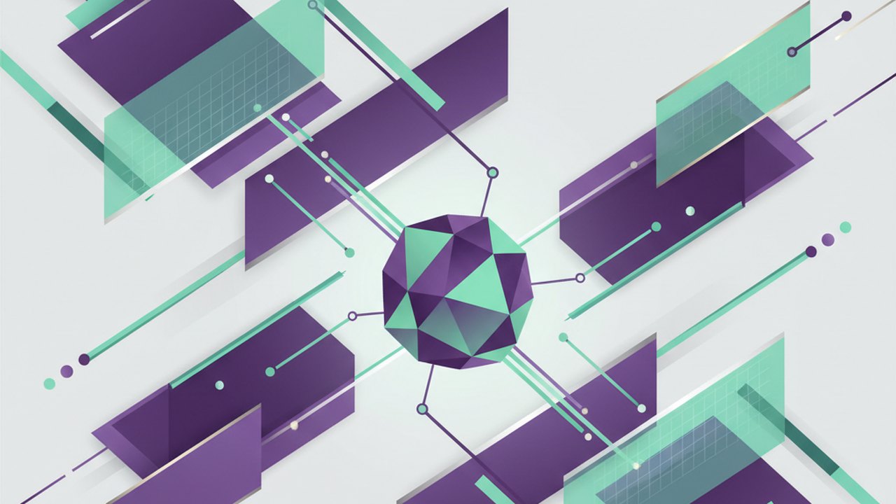 Abstract royal purple and mint cover illustration for the Enterprise HR Portal project (2021), showing angular geometric panels arranged around a central api hub.