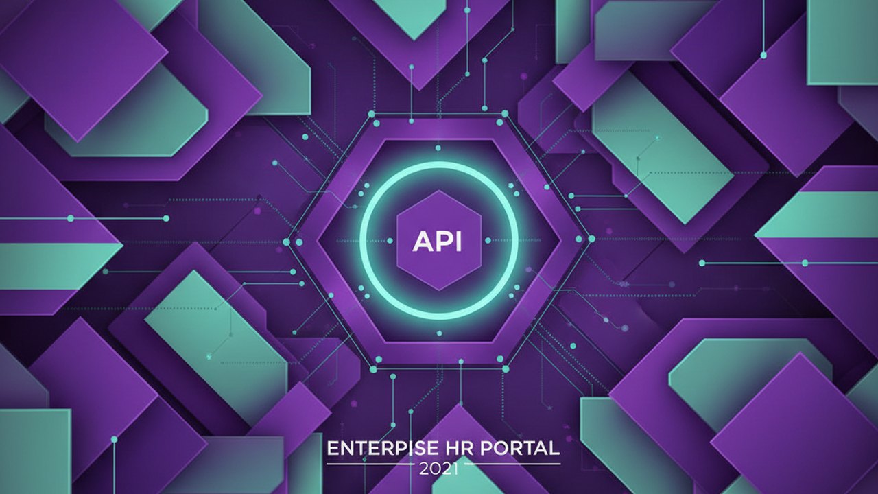 Abstract royal purple and mint cover illustration for the Enterprise HR Portal project (2021), showing angular geometric panels arranged around a central api hub.