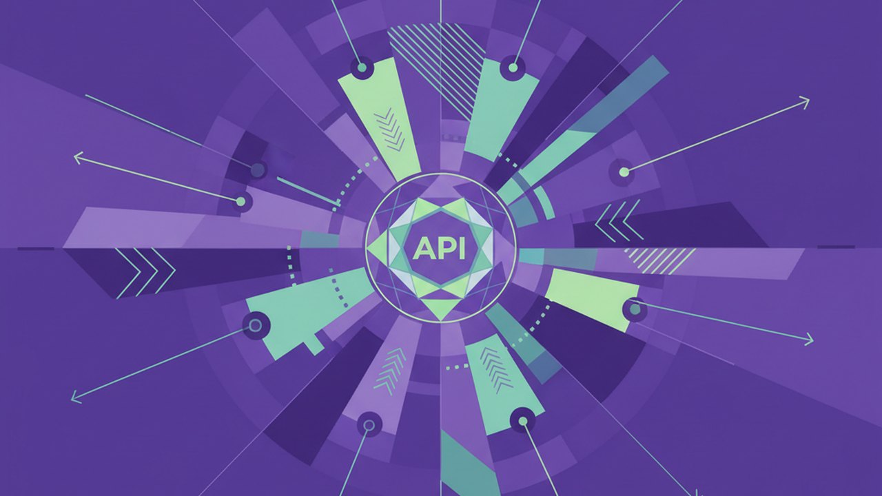 Abstract royal purple and mint cover illustration for the Field Service Dispatch project (2023), showing angular geometric panels arranged around a central api hub.