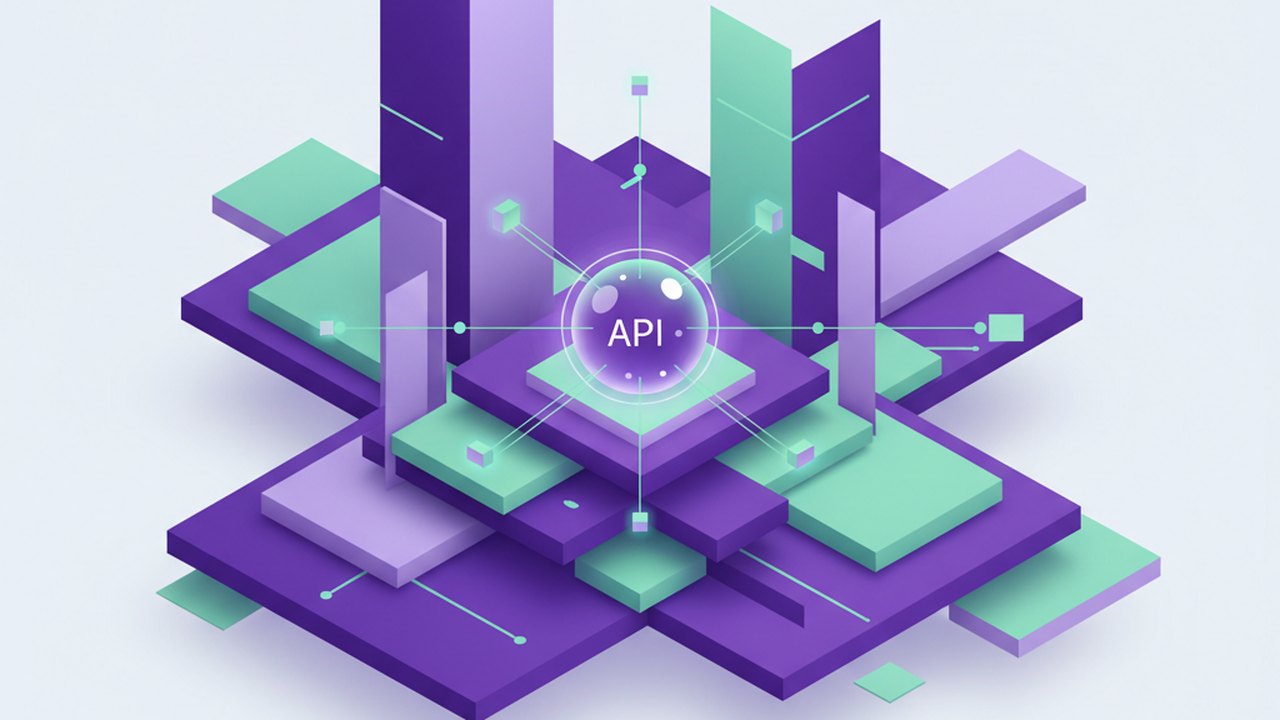 Abstract royal purple and mint cover illustration for the Field Service Dispatch project (2023), showing angular geometric panels arranged around a central api hub.