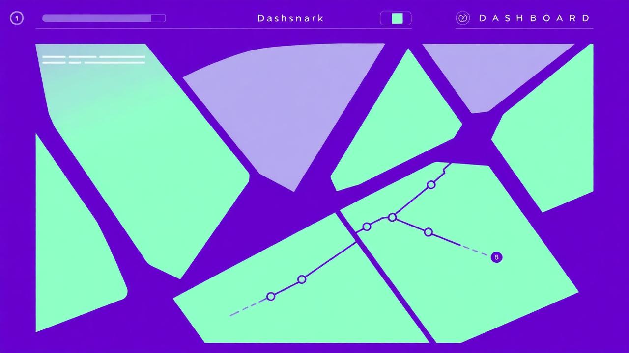 Abstract royal purple and mint cover illustration for the Fleet Management Dashboard project (2023), showing angular geometric panels arranged around a central api hub.