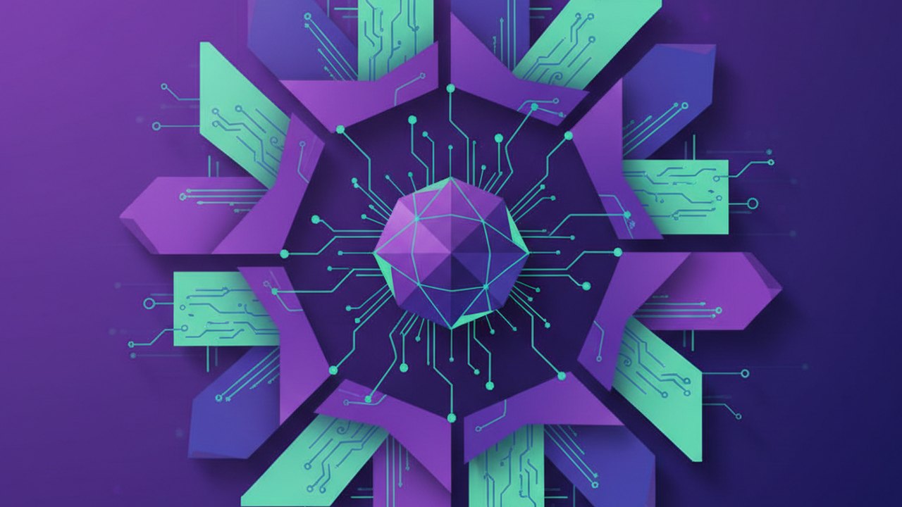 Abstract royal purple and mint cover illustration for the Fleet Management Dashboard project (2023), showing angular geometric panels arranged around a central api hub.