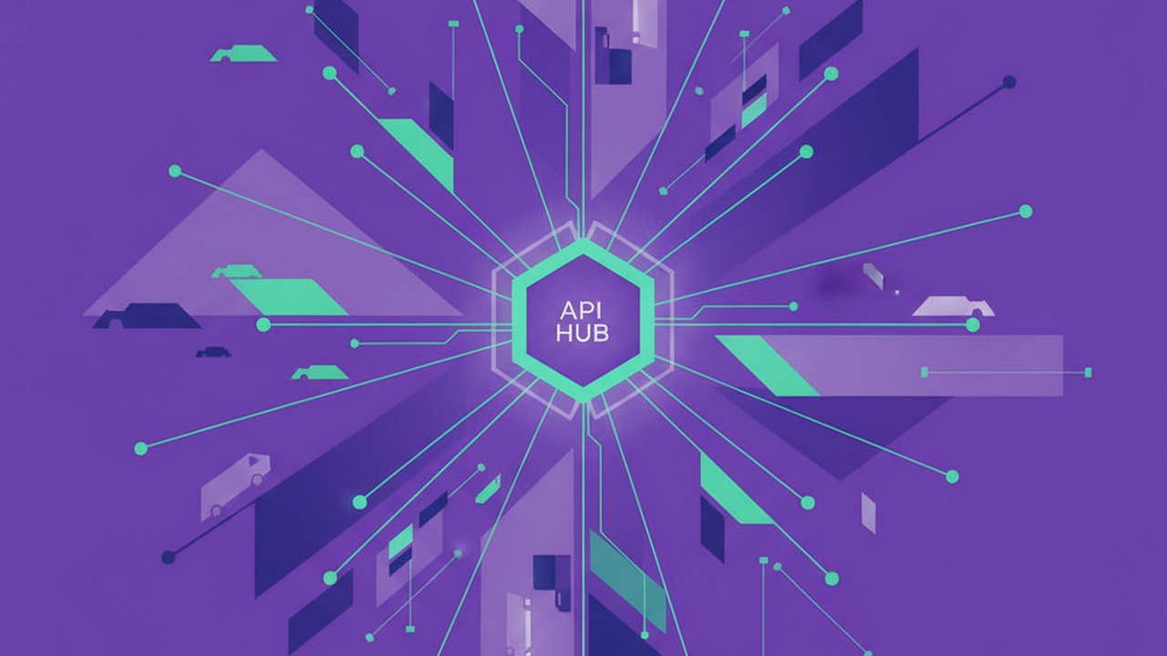 Abstract royal purple and mint cover illustration for the Fleet Management Dashboard project (2023), showing angular geometric panels arranged around a central api hub.
