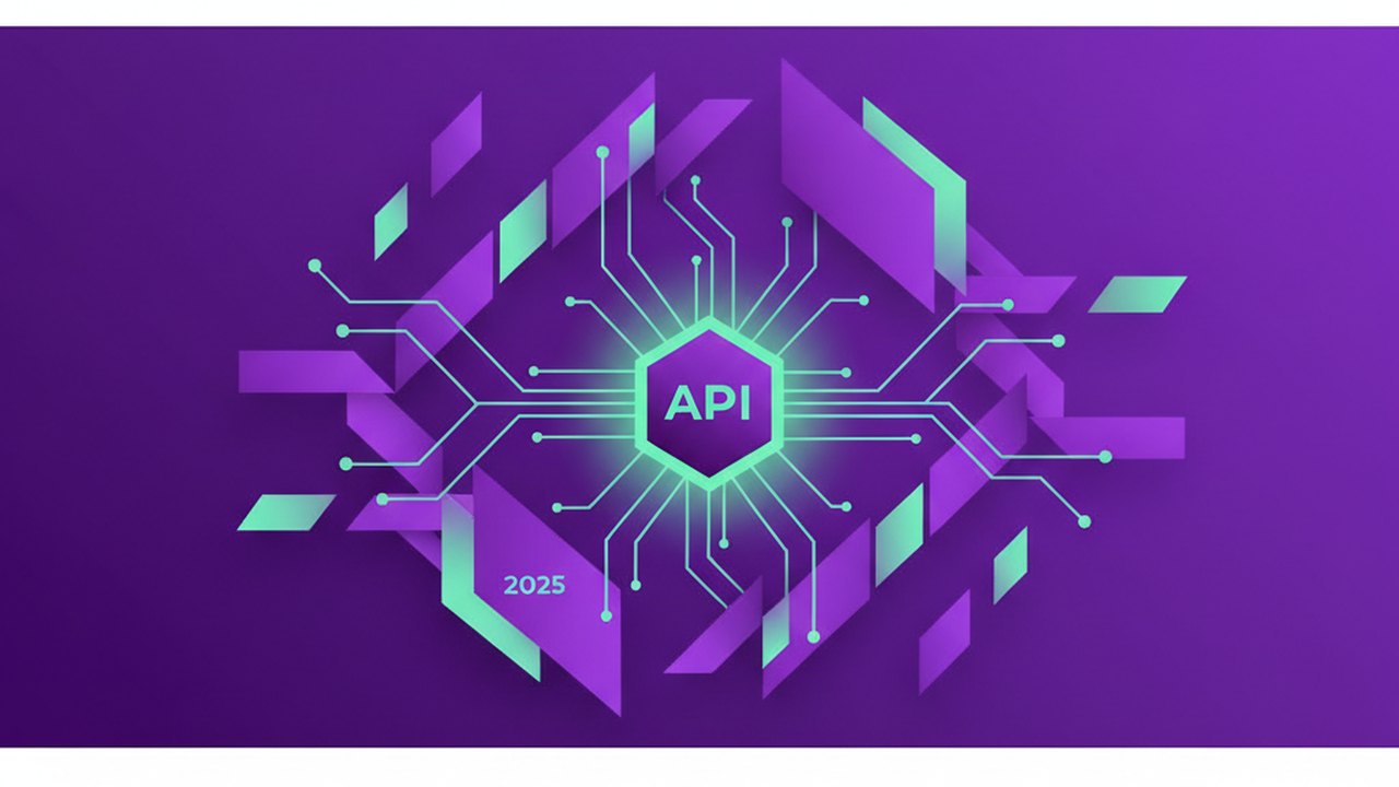Abstract royal purple and mint cover illustration for the Government Grievance Portal project (2023), showing angular geometric panels arranged around a central api hub.