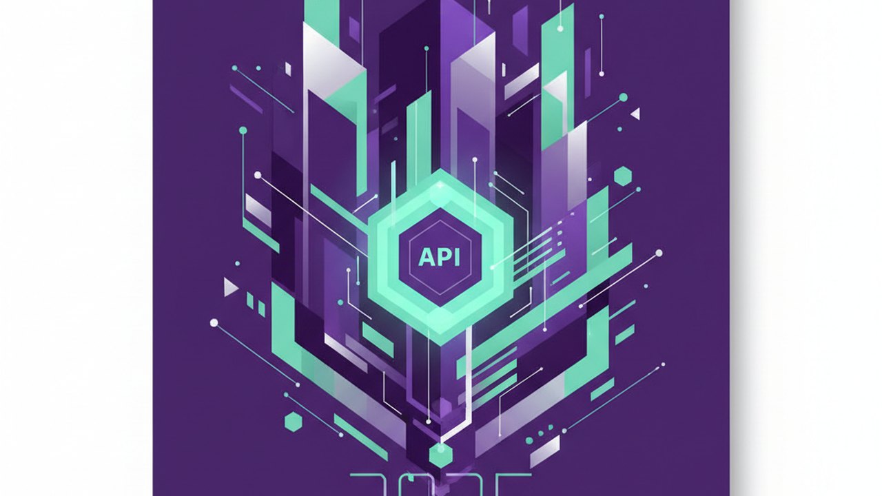 Abstract royal purple and mint cover illustration for the Government Grievance Portal project (2023), showing angular geometric panels arranged around a central api hub.