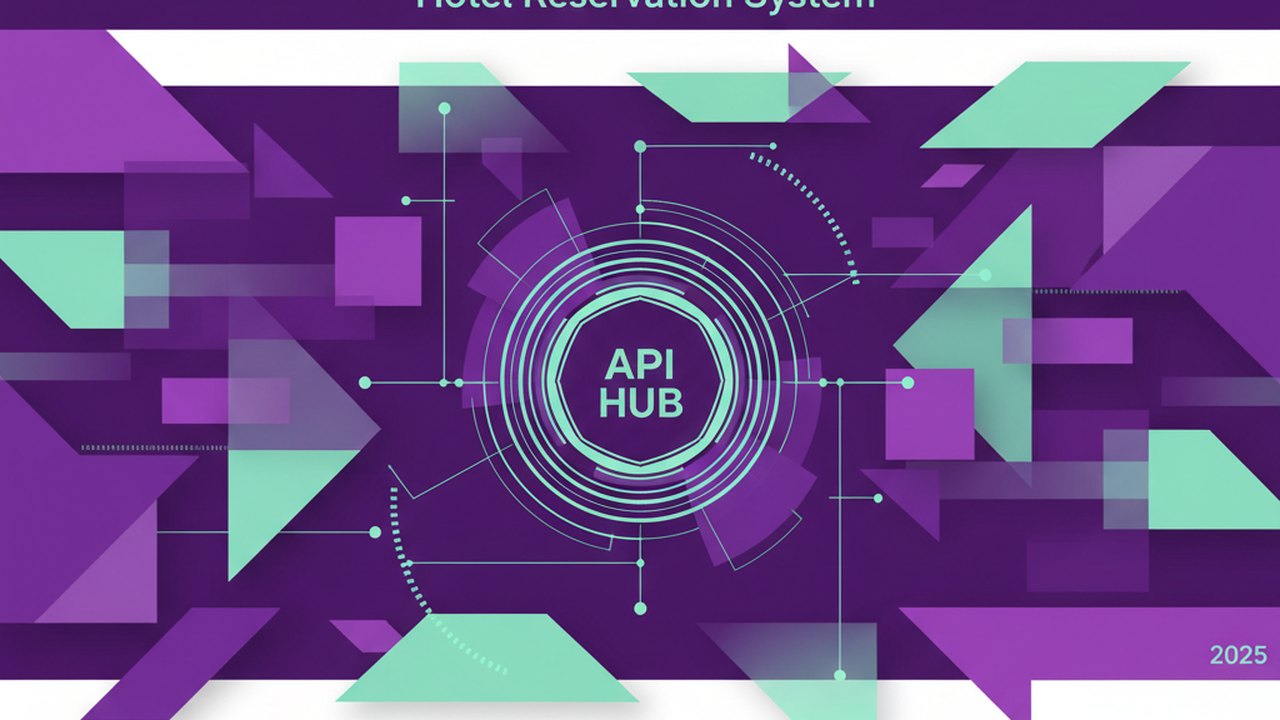 Abstract royal purple and mint cover illustration for the Hotel Reservation System project (2023), showing angular geometric panels arranged around a central api hub.