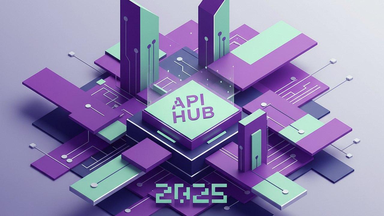 Abstract royal purple and mint cover illustration for the Hotel Reservation System project (2023), showing angular geometric panels arranged around a central api hub.