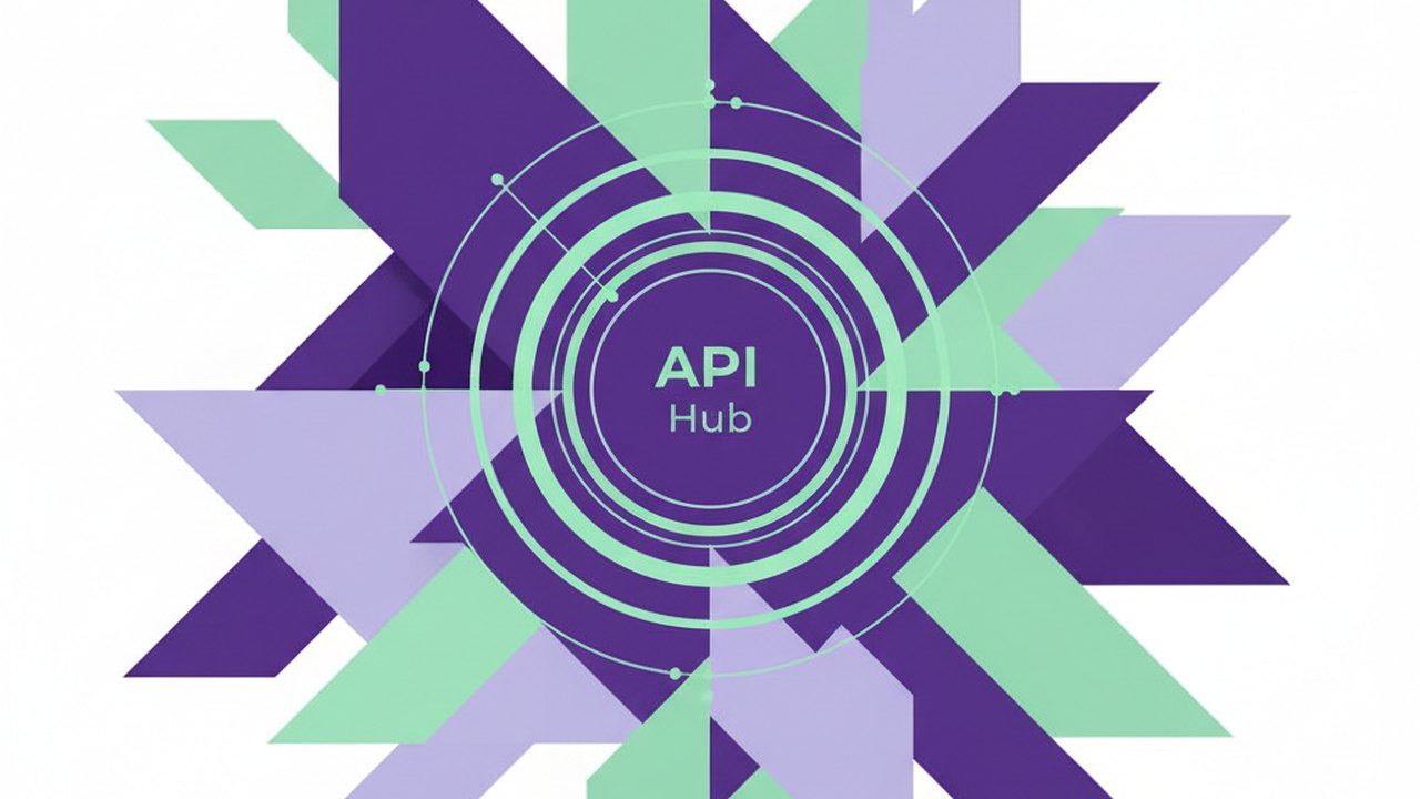 Abstract royal purple and mint cover illustration for the Insurance Claims Portal project (2023), showing angular geometric panels arranged around a central api hub.