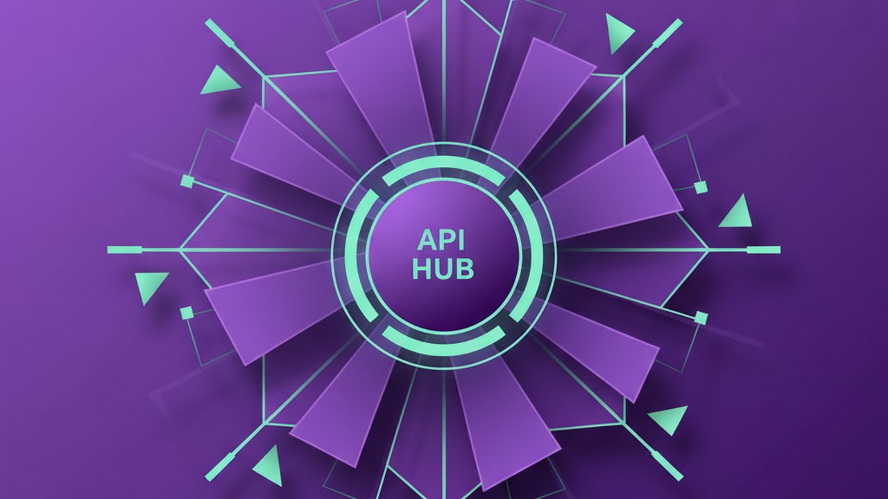 Abstract royal purple and mint cover illustration for the Insurance Claims Portal project (2023), showing angular geometric panels arranged around a central api hub.
