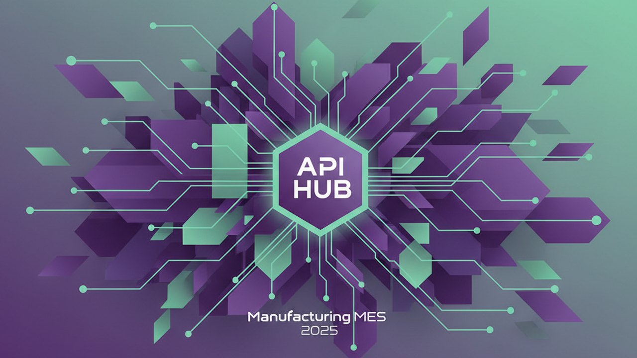 Abstract royal purple and mint cover illustration for the Manufacturing MES project (2023), showing angular geometric panels arranged around a central api hub.