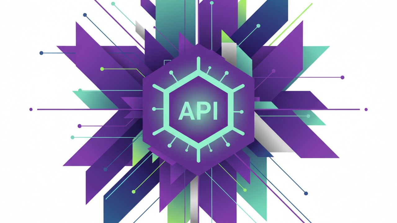 Abstract royal purple and mint cover illustration for the Manufacturing MES project (2023), showing angular geometric panels arranged around a central api hub.