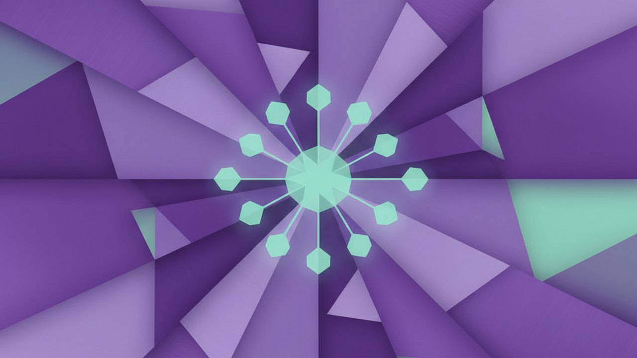 Abstract royal purple and mint cover illustration for the NGO Donor Management project (2019), showing angular geometric panels arranged around a central api hub.