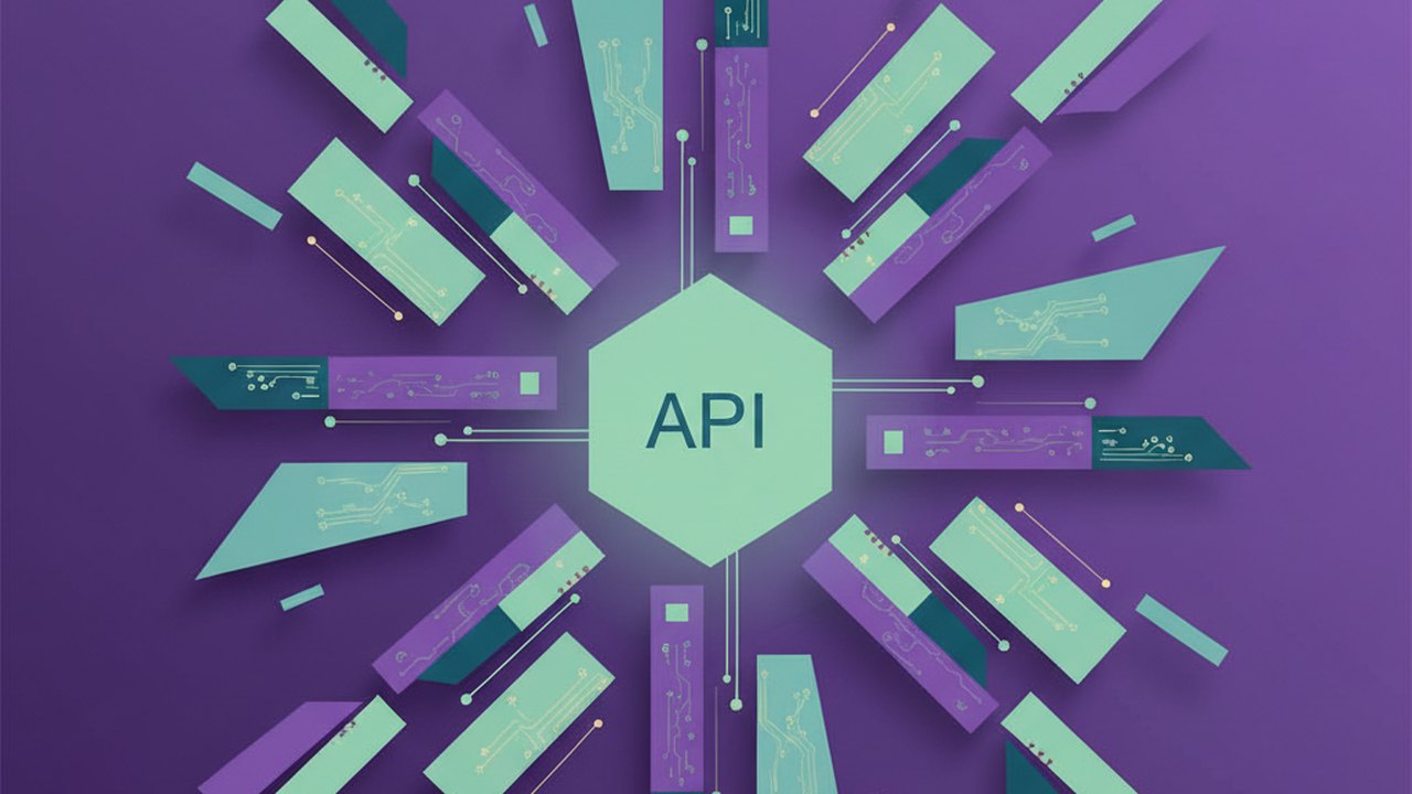 Abstract royal purple and mint cover illustration for the NGO Donor Management project (2019), showing angular geometric panels arranged around a central api hub.