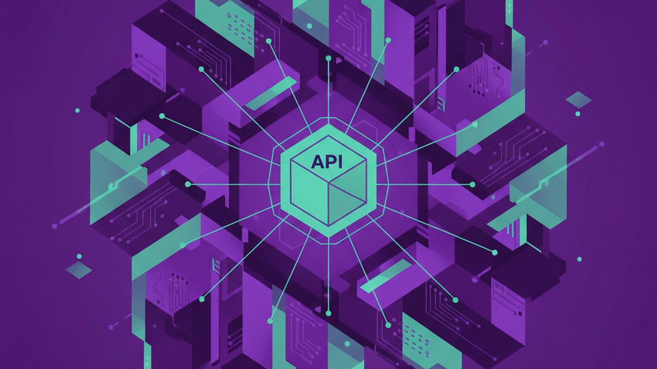 Abstract royal purple and mint cover illustration for the Real Estate Listings CMS project (2021), showing angular geometric panels arranged around a central api hub.