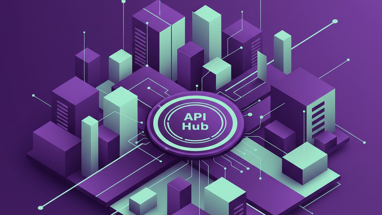 Abstract royal purple and mint cover illustration for the Real Estate Listings CMS project (2021), showing angular geometric panels arranged around a central api hub.