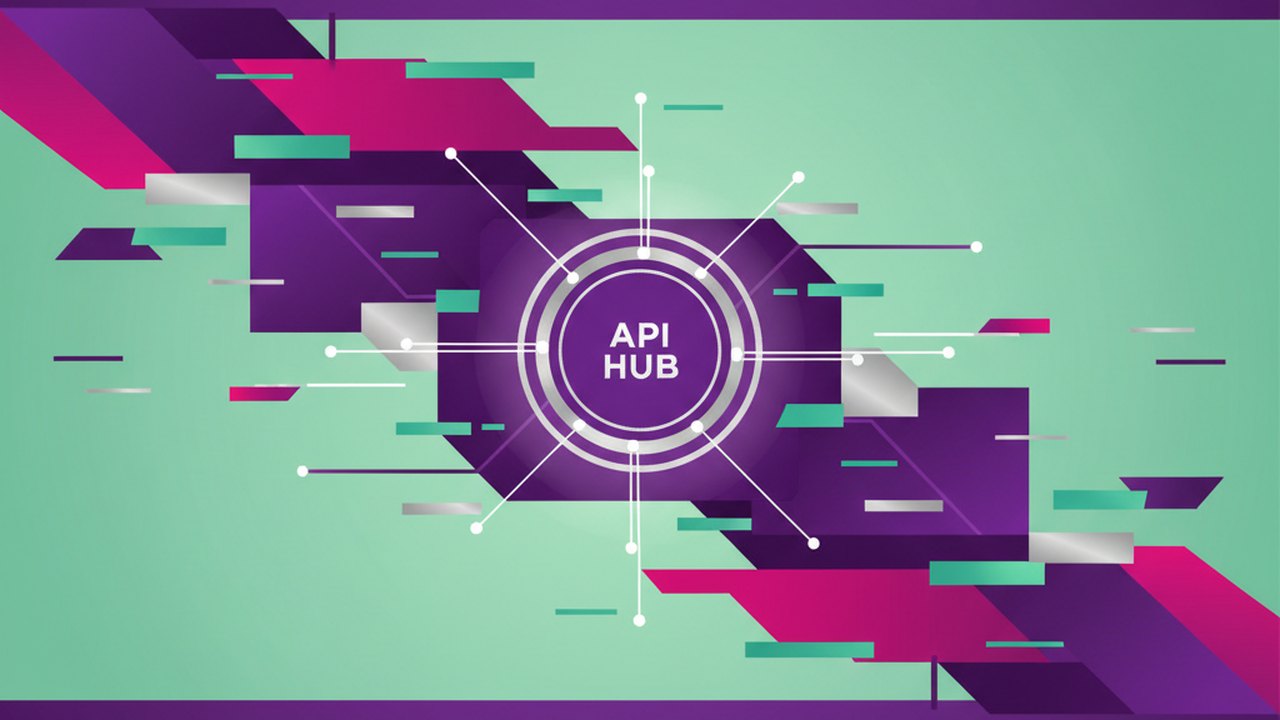 Abstract royal purple and mint cover illustration for the Restaurant POS Console project (2019), showing angular geometric panels arranged around a central api hub.