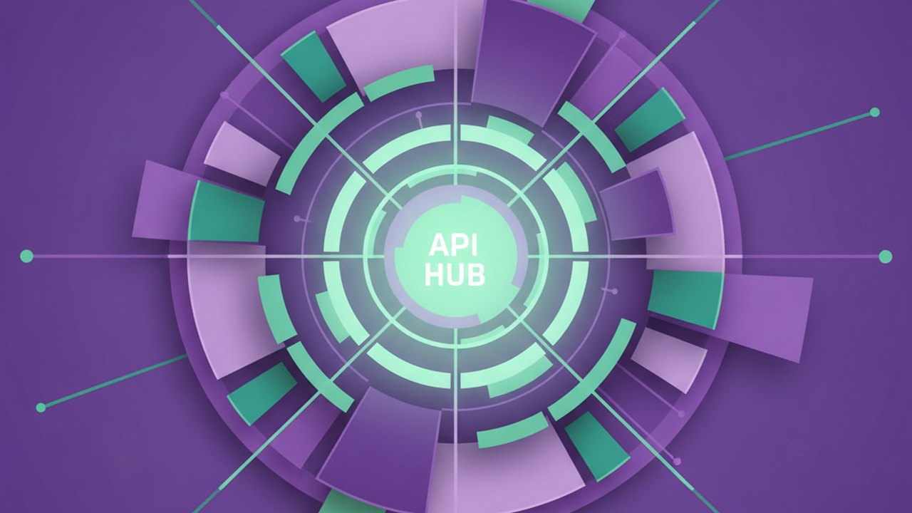 Abstract royal purple and mint cover illustration for the Restaurant POS Console project (2019), showing angular geometric panels arranged around a central api hub.