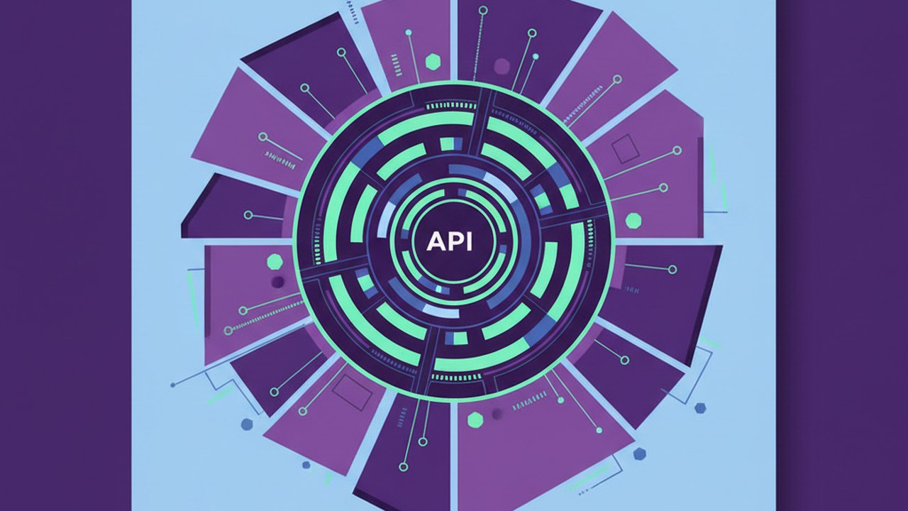 Abstract royal purple and mint cover illustration for the School Management Console project (2021), showing angular geometric panels arranged around a central api hub.