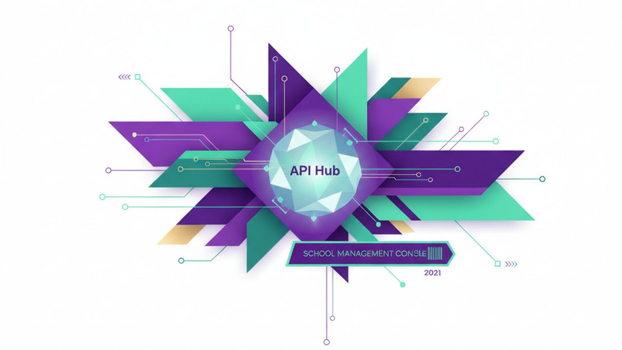 Abstract royal purple and mint cover illustration for the School Management Console project (2021), showing angular geometric panels arranged around a central api hub.