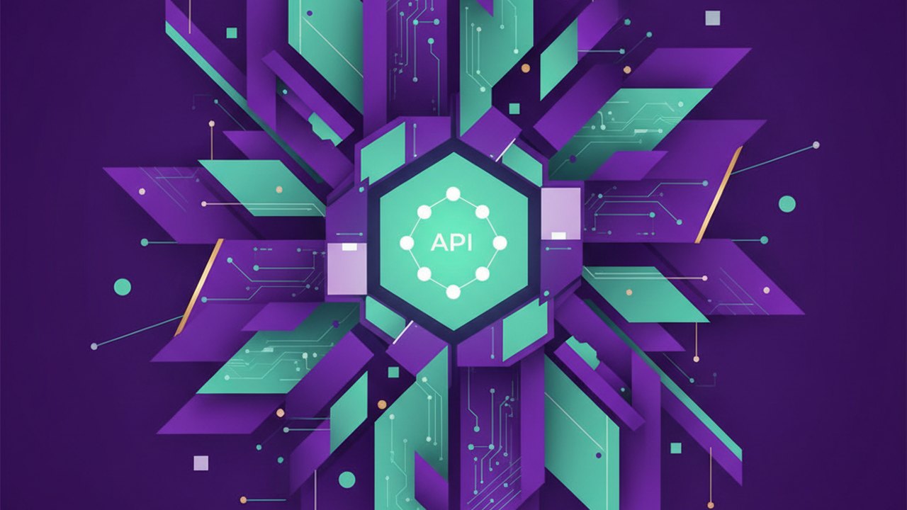 Abstract royal purple and mint cover illustration for the School Management Console project (2021), showing angular geometric panels arranged around a central api hub.