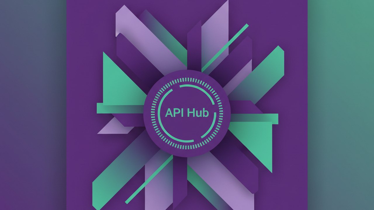 Abstract royal purple and mint cover illustration for the University Course Registration project (2021), showing angular geometric panels arranged around a central api hub.
