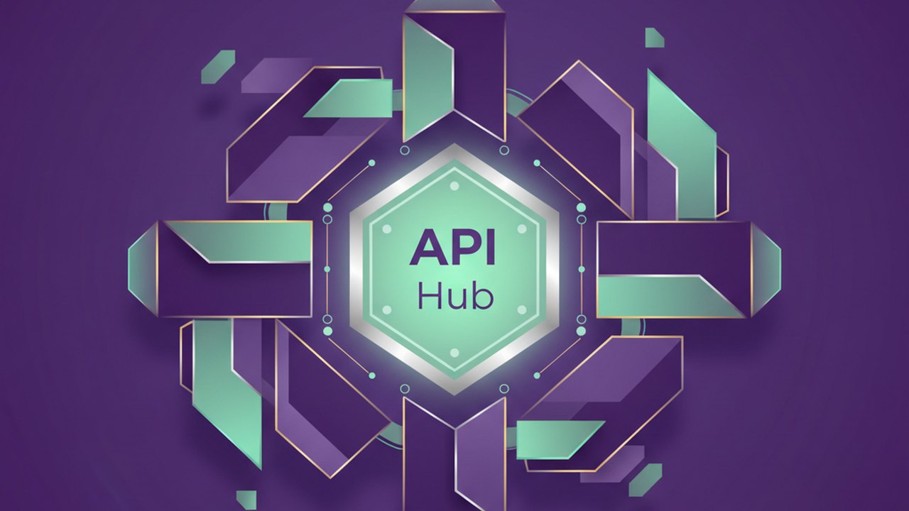 Abstract royal purple and mint cover illustration for the University Course Registration project (2021), showing angular geometric panels arranged around a central api hub.