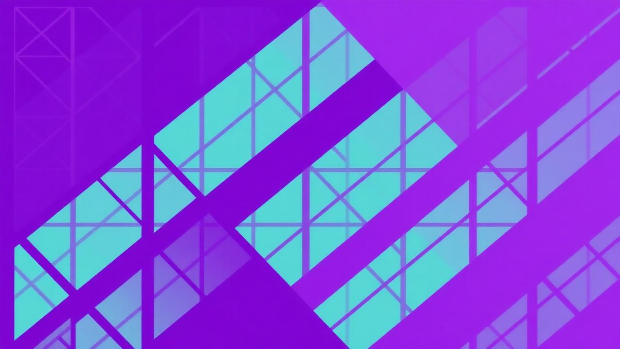 Abstract royal purple and mint cover illustration for the Warehouse Inventory System project (2023), showing angular geometric panels arranged around a central api hub.