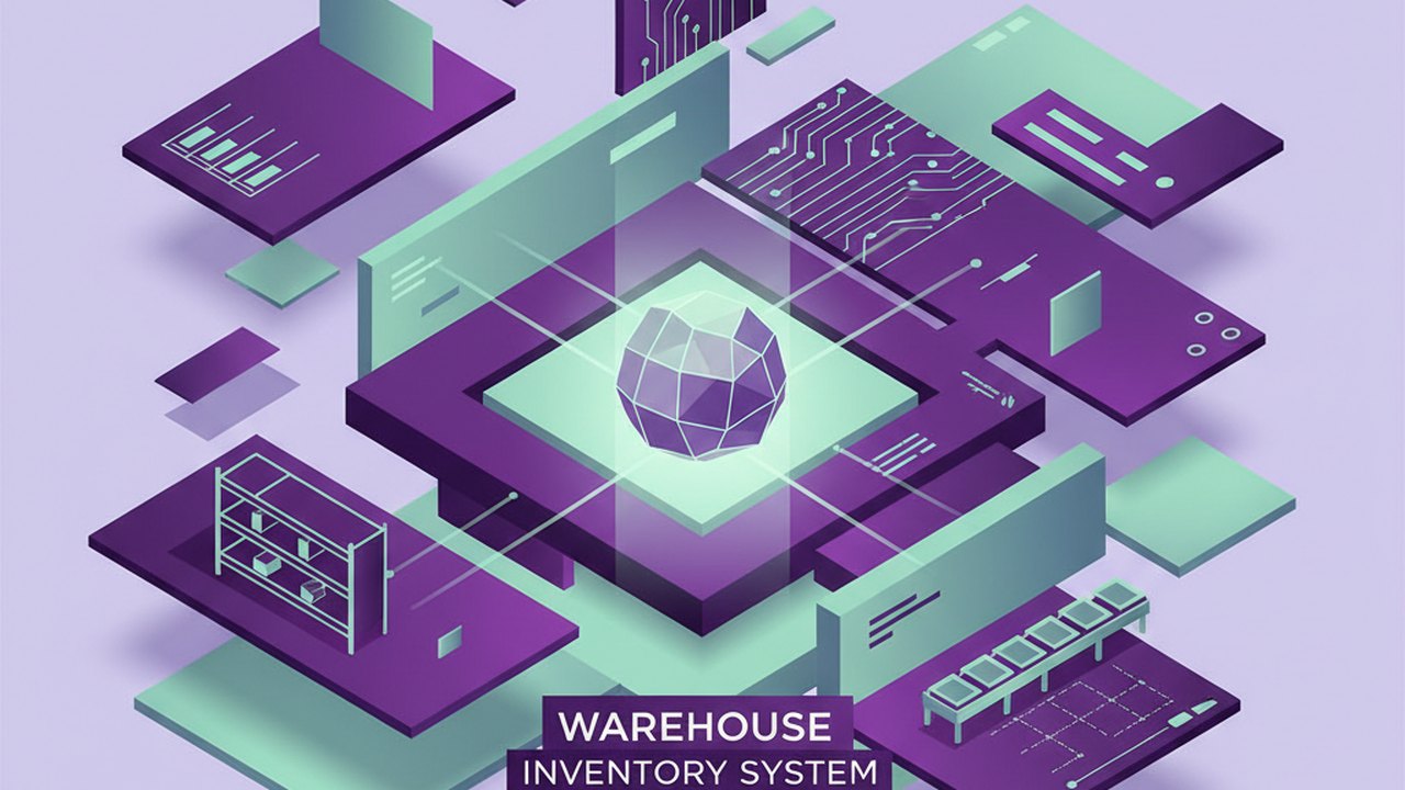Abstract royal purple and mint cover illustration for the Warehouse Inventory System project (2023), showing angular geometric panels arranged around a central api hub.