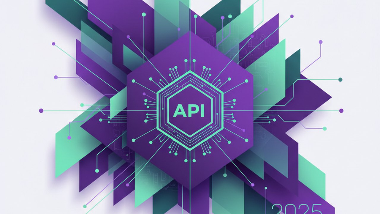 Abstract royal purple and mint cover illustration for the Warehouse Inventory System project (2023), showing angular geometric panels arranged around a central api hub.