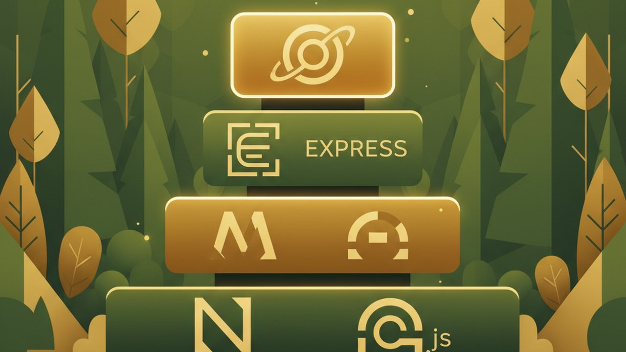 Abstract forest green and warm gold cover illustration for the Anonymous Feedback Board project (2022), showing stacked service tiers with Mongo, Express, React, and Node glyphs.