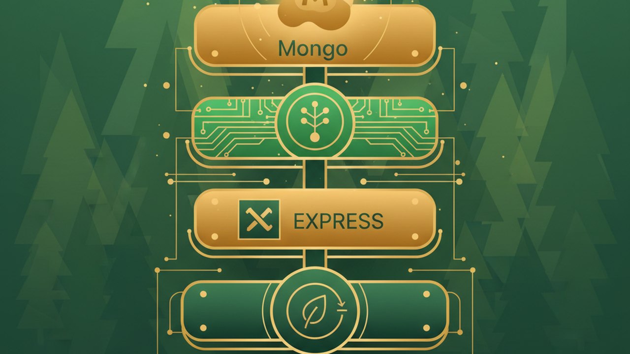 Abstract forest green and warm gold cover illustration for the Anonymous Feedback Board project (2022), showing stacked service tiers with Mongo, Express, React, and Node glyphs.