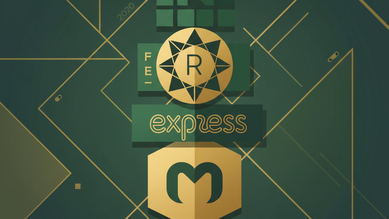 Abstract forest green and warm gold cover illustration for the Blog Platform with Comments project (2020), showing stacked service tiers with Mongo, Express, React, and Node glyphs.