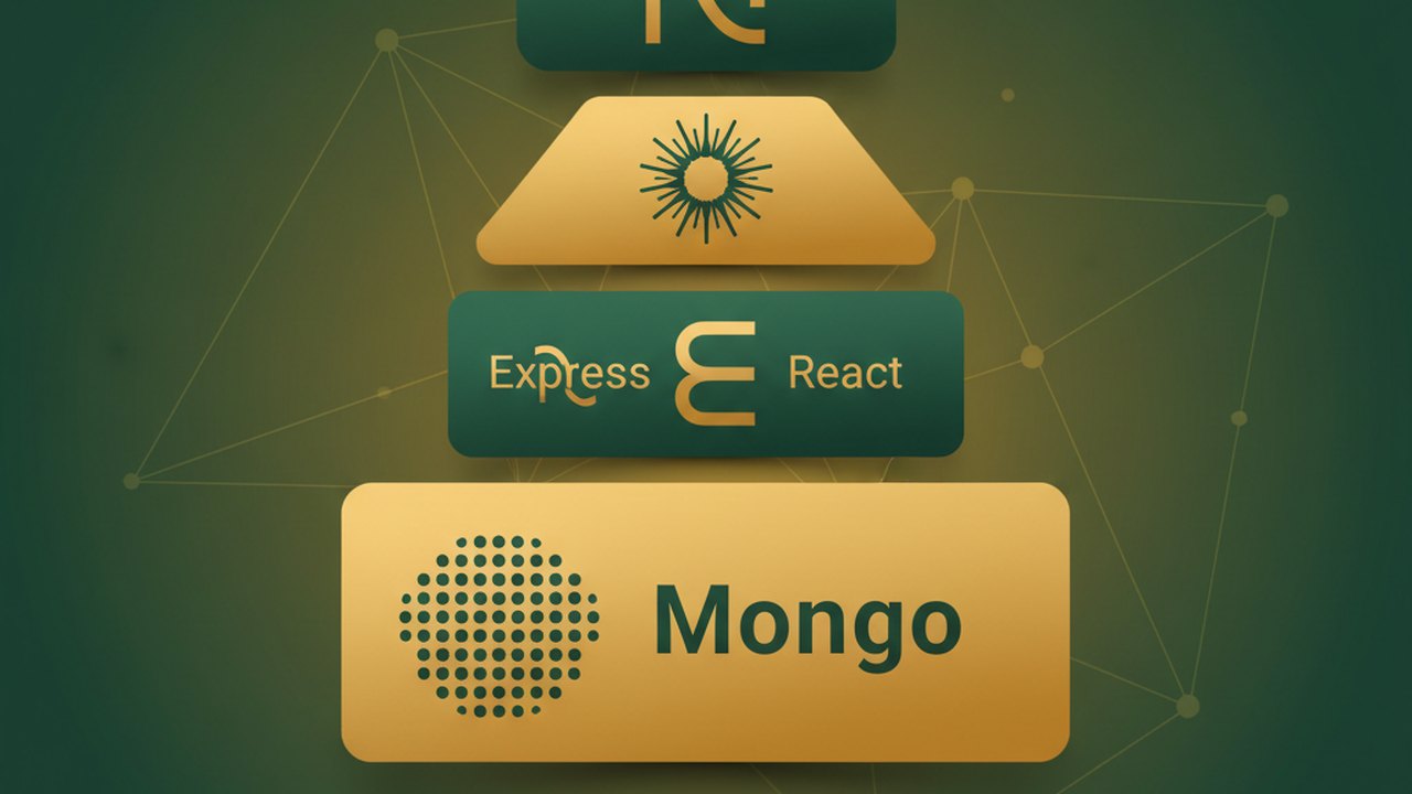 Abstract forest green and warm gold cover illustration for the Blog Platform with Comments project (2020), showing stacked service tiers with Mongo, Express, React, and Node glyphs.