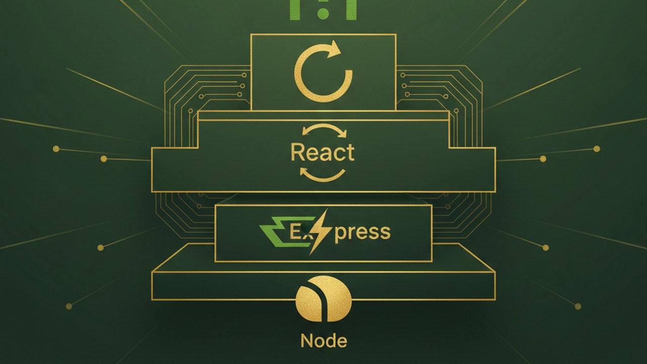 Abstract forest green and warm gold cover illustration for the Book Club Platform project (2024), showing stacked service tiers with Mongo, Express, React, and Node glyphs.