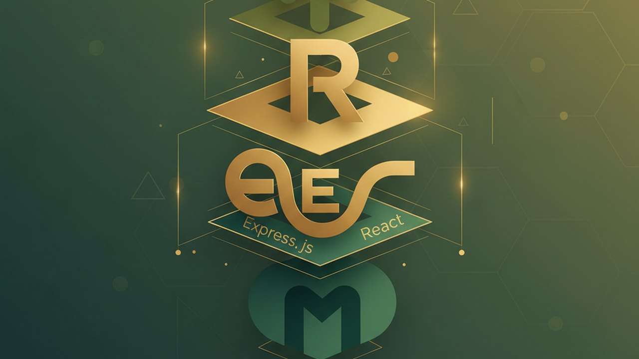 Abstract forest green and warm gold cover illustration for the Book Club Platform project (2024), showing stacked service tiers with Mongo, Express, React, and Node glyphs.