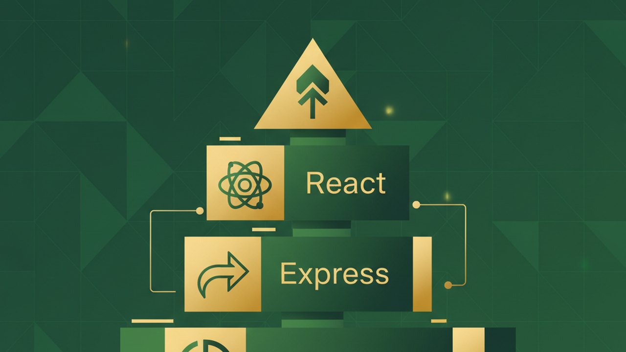 Abstract forest green and warm gold cover illustration for the Language Exchange Platform project (2024), showing stacked service tiers with Mongo, Express, React, and Node glyphs.