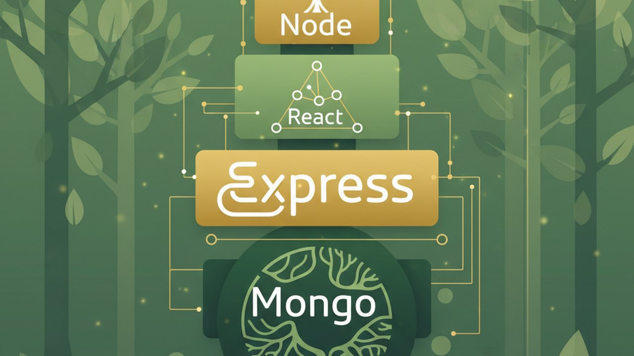 Abstract forest green and warm gold cover illustration for the Language Exchange Platform project (2024), showing stacked service tiers with Mongo, Express, React, and Node glyphs.
