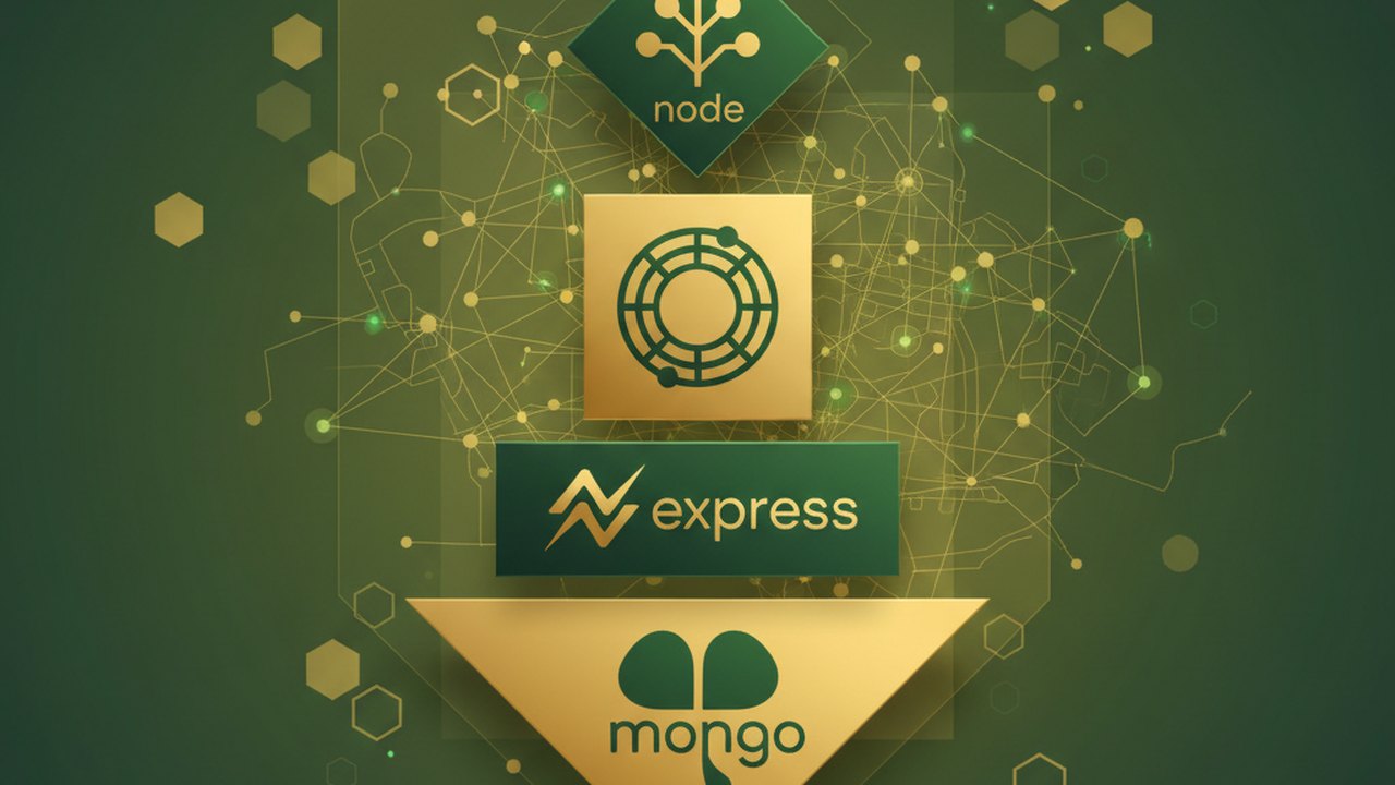 Abstract forest green and warm gold cover illustration for the Local Events Discovery project (2022), showing stacked service tiers with Mongo, Express, React, and Node glyphs.